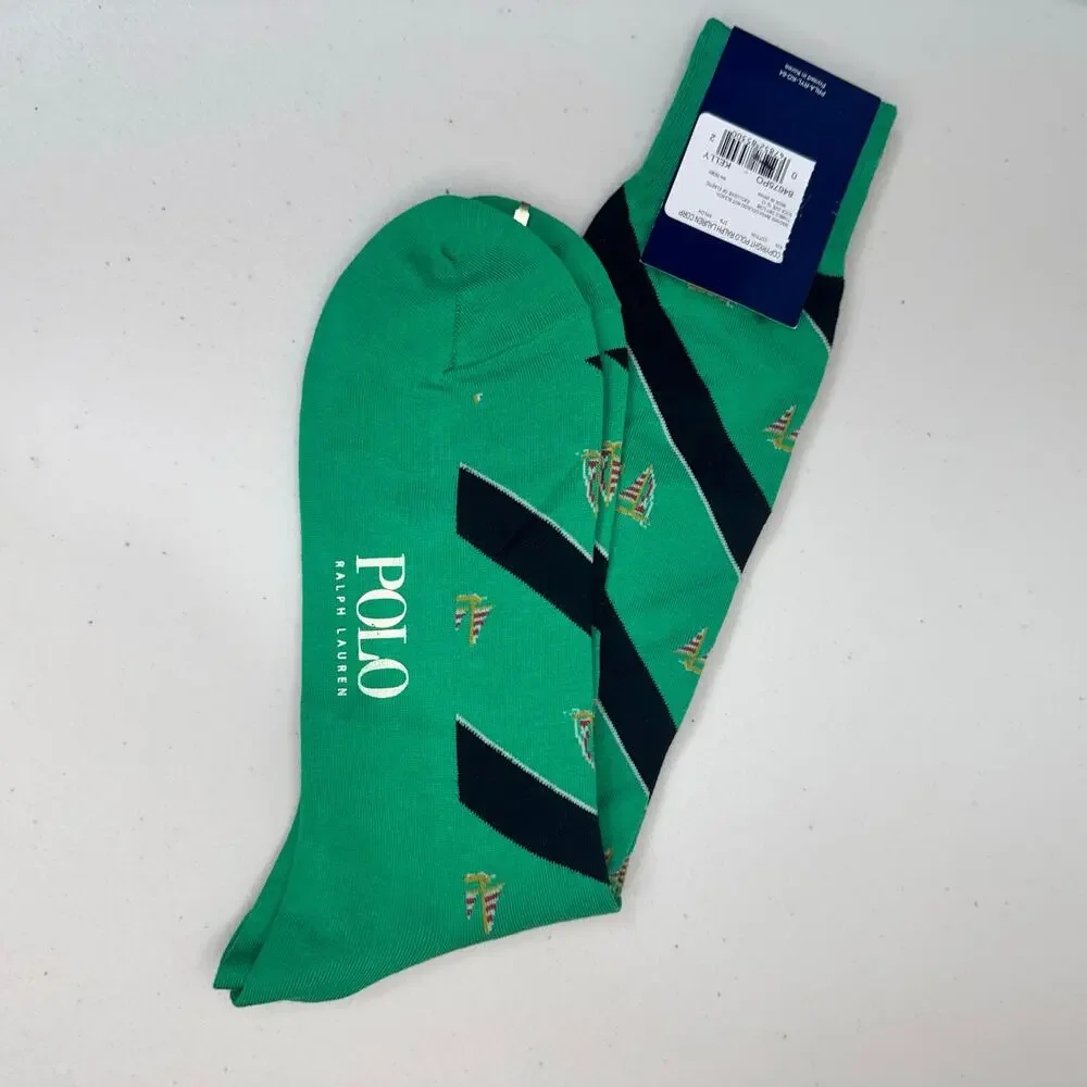 Polo Ralph Lauren Green Dress Socks Black Striped Sailboat Pattern Cotton Blend